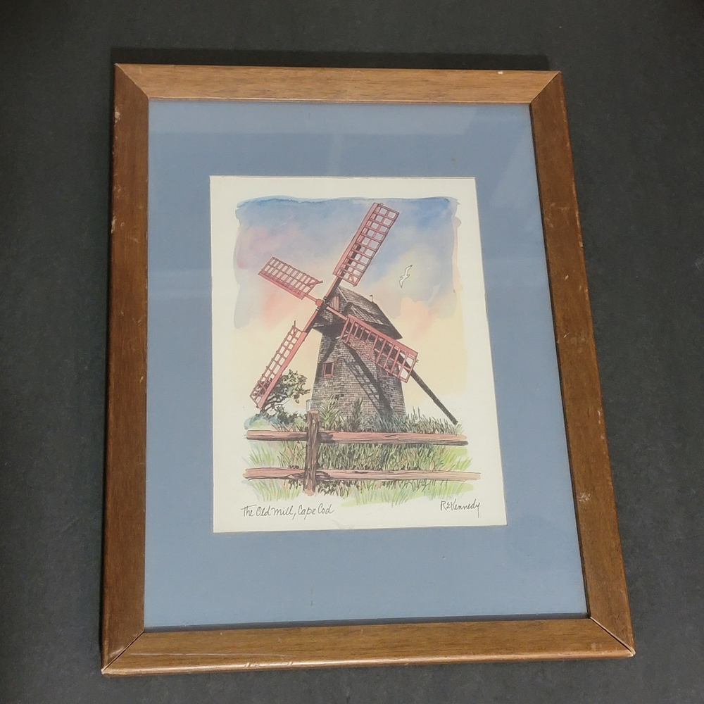 The Old Mill, Cap Cod Watercolor Signed Rectangular Wooden Framed By RE‎ Kennedy